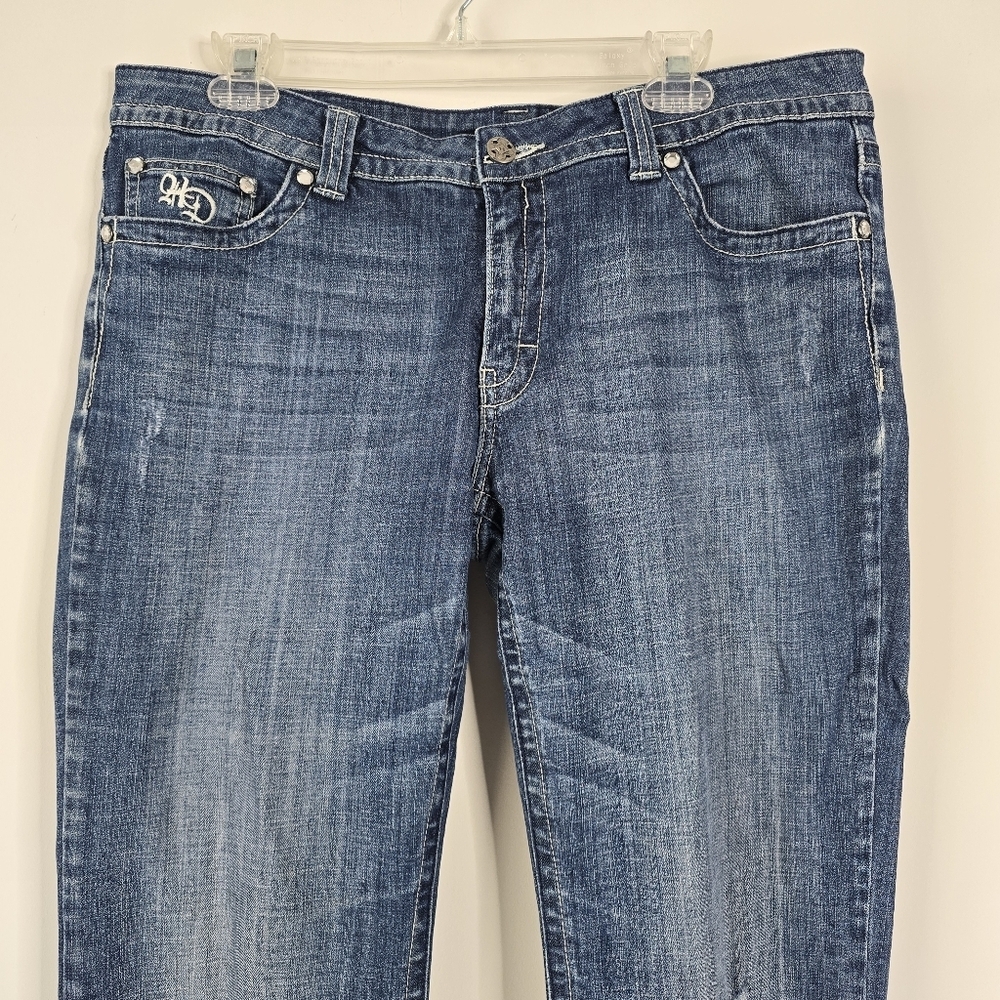 Harley Davidson Midrise Bootcut Distressed Denim Jeans Embroidered Pockets 14 - Picture 4 of 16